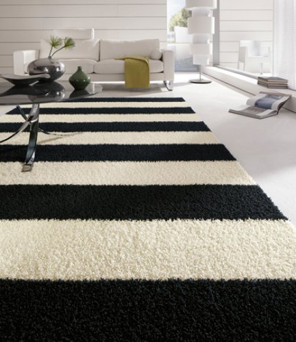 Ein schwarz-weißer Teppich im Zebra-Muster.